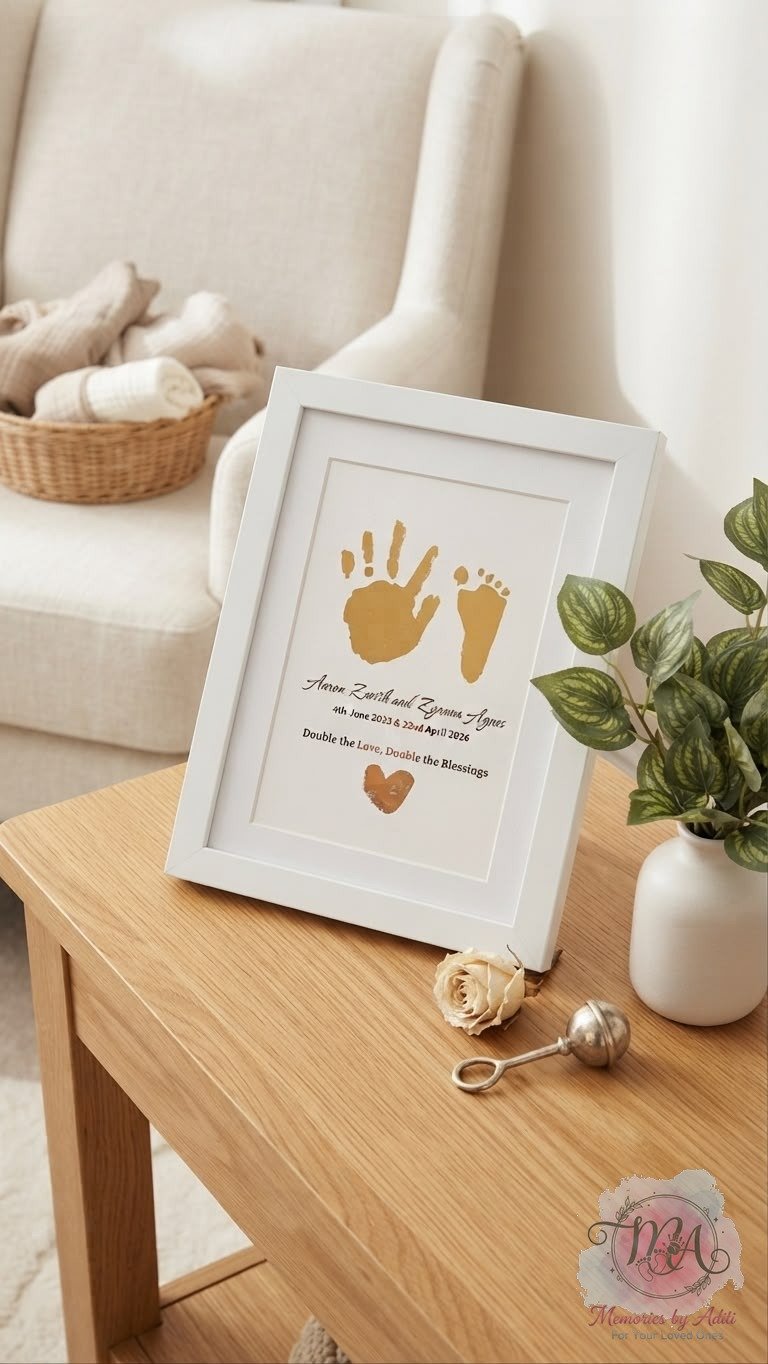 Twin foil keepsake with heart, white frame