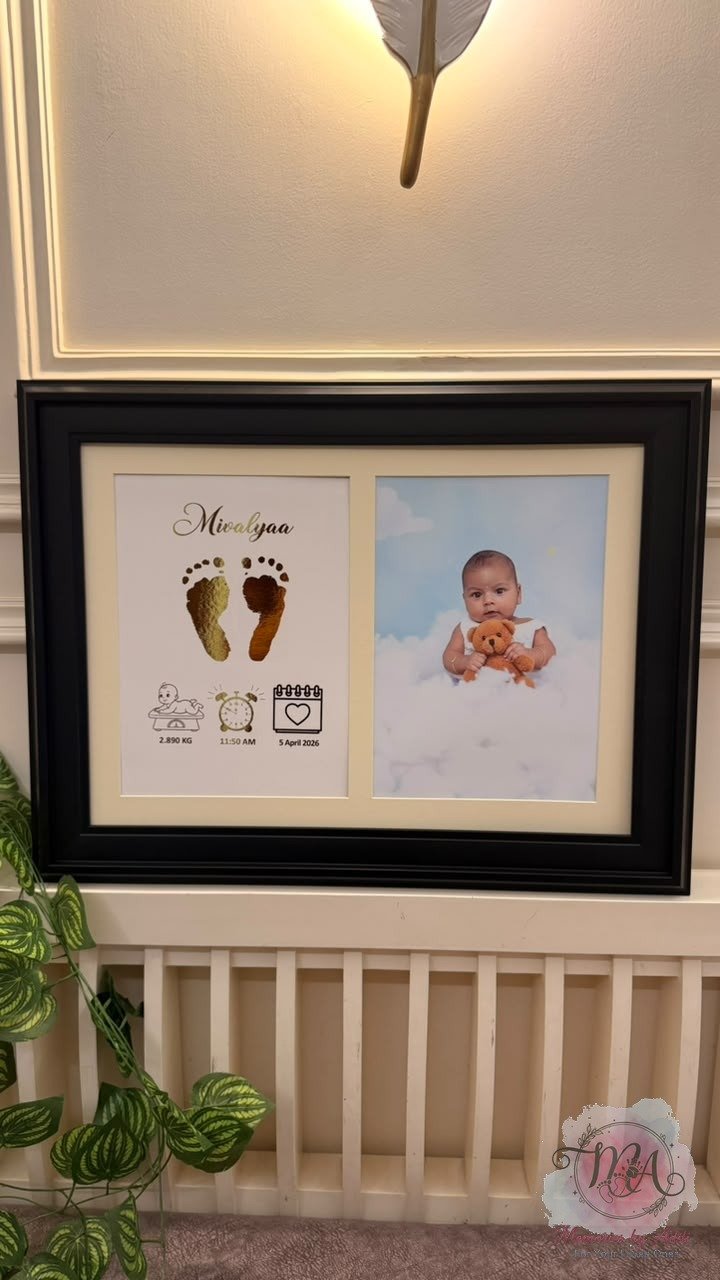 Footprint and photo split foil keepsake, black frame
